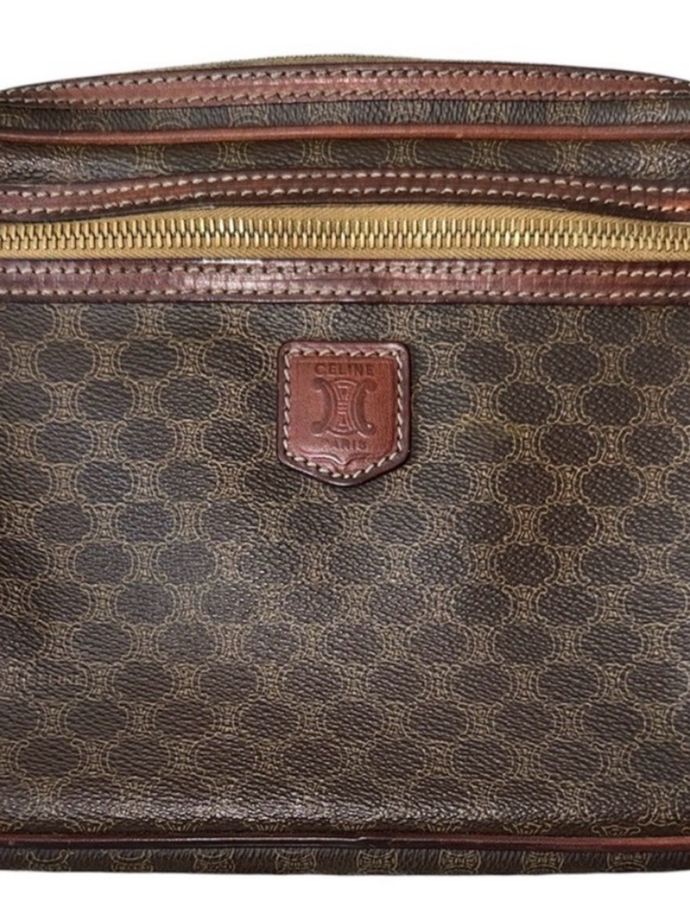 Celine Brown Macadam Vintage Wristlet/Clutch  Gold-Tone Zipper